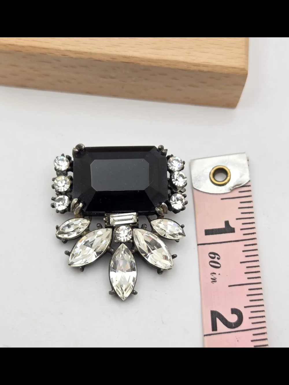 Vintage Black Glass Emerald Cut Rhinestone Brooch Pin Statement